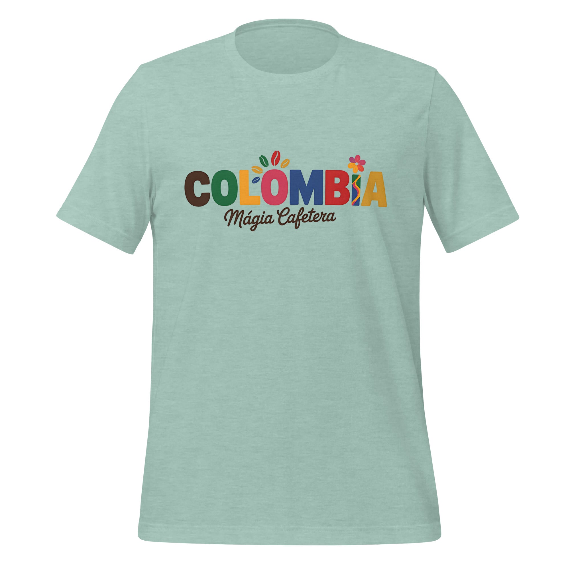 T-shirt con diseño colorido del país Colombia con texto “Colombia – Magia Cafetera”.